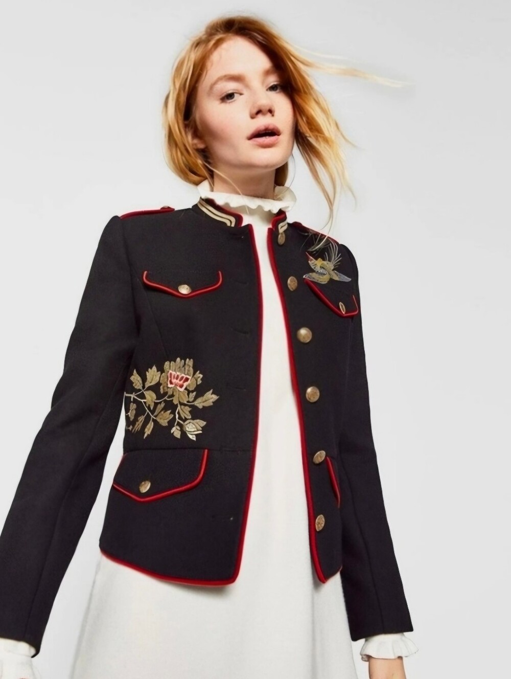 ZARA Embroidered Military-Style Black Jacket with Red Trim Size L